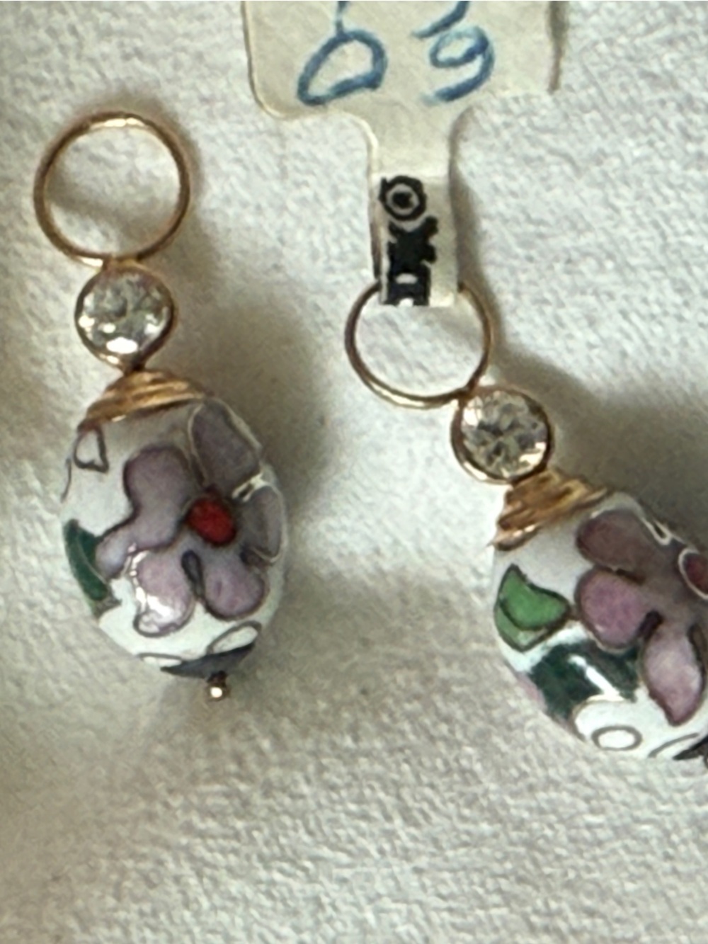 Floral Cloisonné Drop Earrings - White & Purple